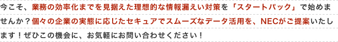 今こそ、業務の効率化までを見据えた理想的な情報漏えい対策を「スタートパック」で始めませんか?個々の企業の実態に応じたセキュアでスムーズなデータ活用を、NECがご提案いたします!ぜひこの機会に、お気軽にお問い合わせください!